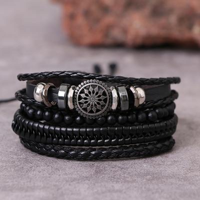 Juego de 4 pulseras de cuero ajustables para hombre, brazalete trenzado de PU negro, pulsera con dijes, regalo