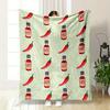 Alternating Red Chili Peppers and Hot Sauce Bottles On a Light Green Background. for All Seasons Blanket Lunch Break Throw Gift