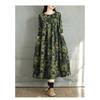 New Vintage Cotton and Linen Print Round Neck Long-sleeved Dress Women Loose Large Size Thin Stitched-A-line Skirt Women