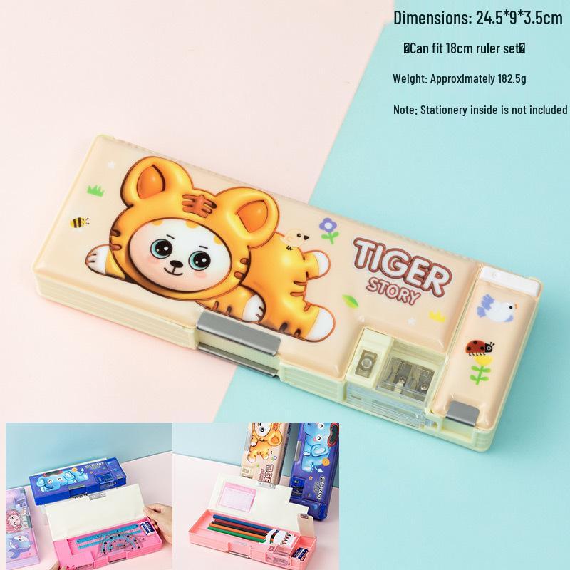 Multi-Functional Cartoon Stationery Box for Kids - Double Opening, Large Capacity, Cute & Creative Design тигровый
