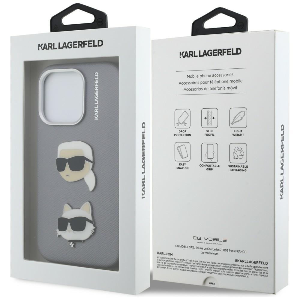Karl Lagerfeld FW Grained Karl & Choupette Heads Pins Case for iPhone 16 Pro Gray