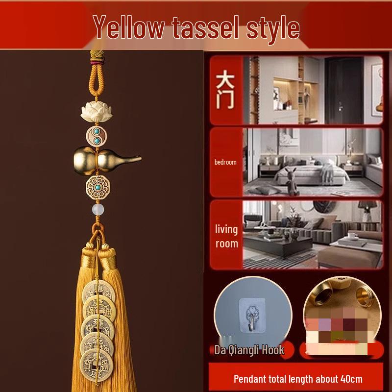 Brass Gourd Pendant with Five Emperor Coins - Boxwood Accessories for Door or Car Hanging Ornament