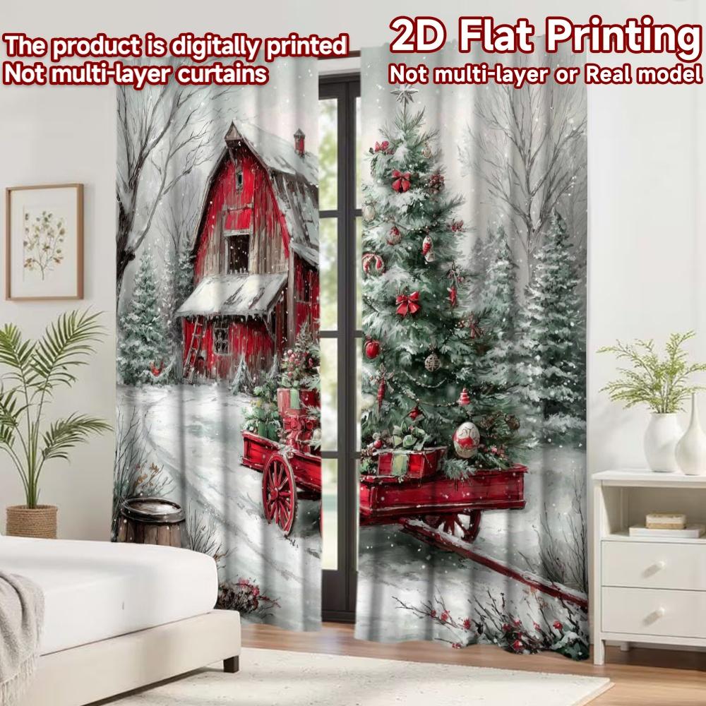 2D Flat Printing 2pcs Curtain Drapes Christmas Tree and Barn Digital Printed Polyester Drapes Holiday Decorations for Outdoor