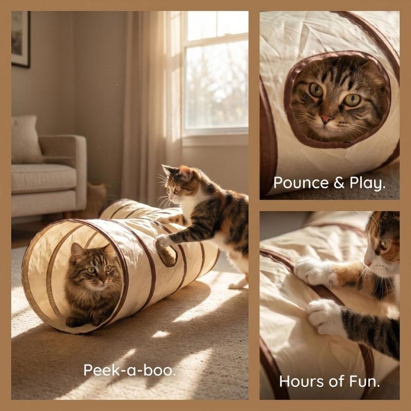 Fabric Tunnel Runner for Small Animals in Rooms, Arched Activity Passage with Suspended Toy Detail for Daily Exercise, Stalking and Rest Time