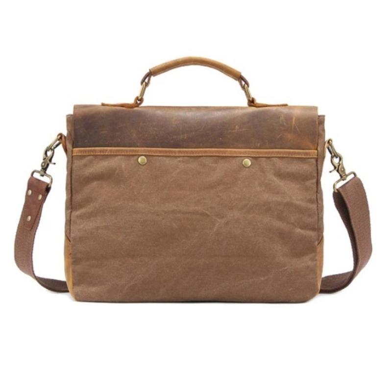 Vintage Leather & Canvas Briefcase for Men, Business Office Portfolio Bag, Document Tote Attache Case