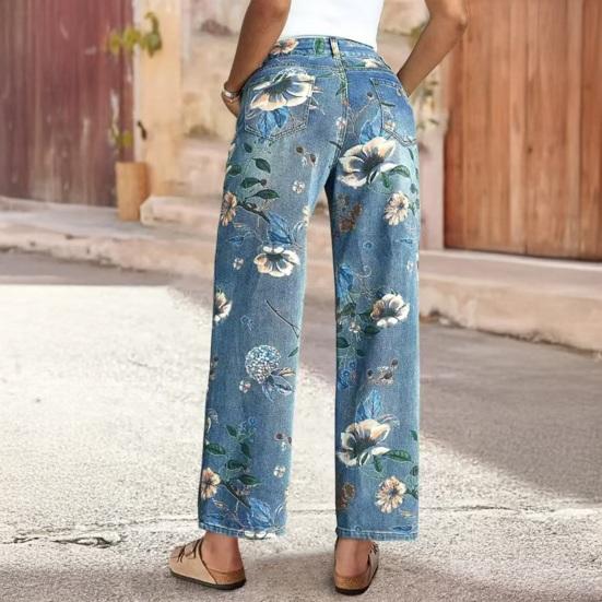 Vintage Floral Jeans for Women, Mid Rise Barrel Wide Leg Jeans, Retro Casual Stretchy Denim Pants with Pockets