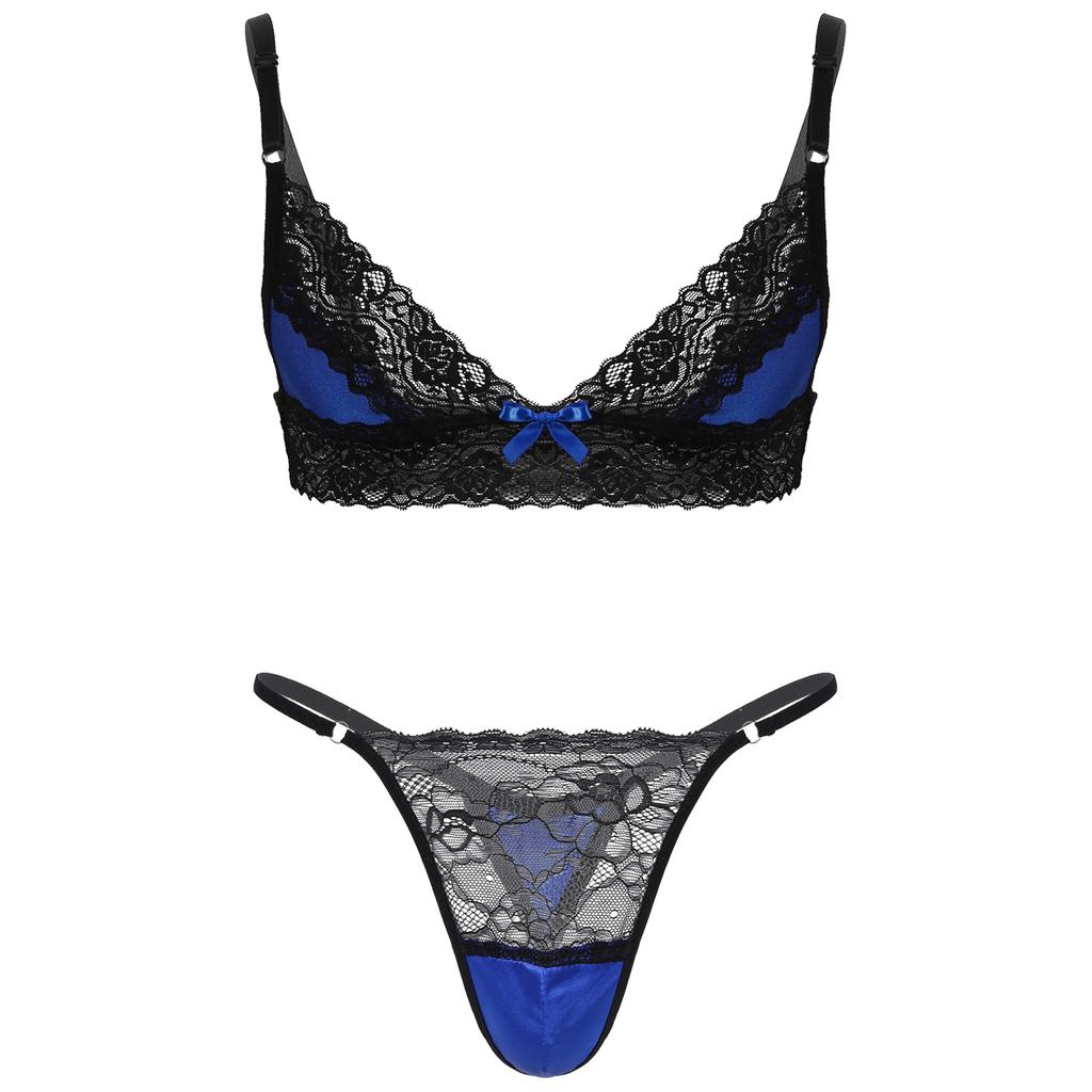 Mens Adjustable Floral Lace Bra Top with Matching Thong Briefs Sissy Lingerie Set