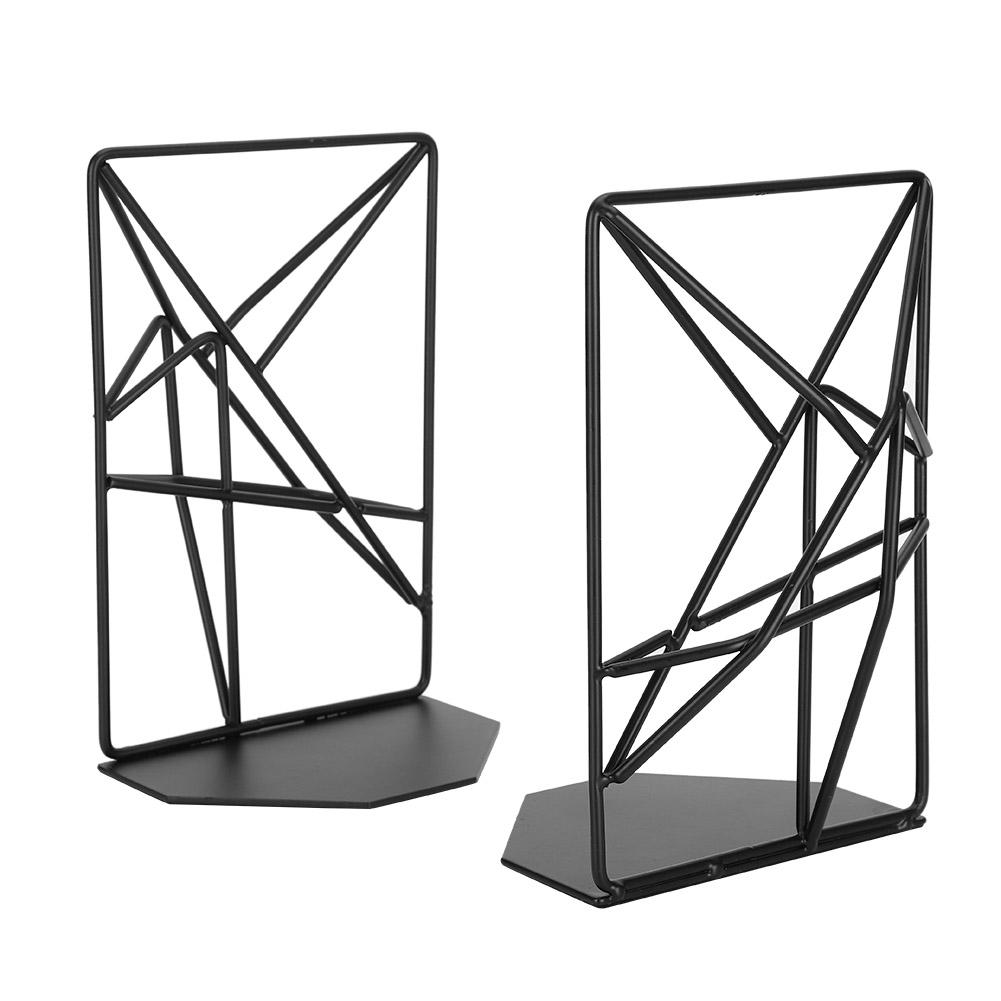 2Pcs Solid Geometry Book Stands Metal Hollow Desk Nonskid Bookend Shelf Heavy Duty Black