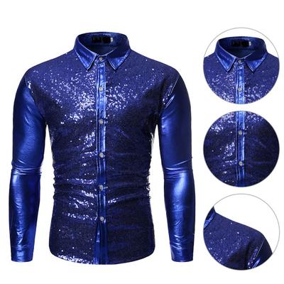 Lapel Long Sleeve Single-breasted Slim Fit Stage Shirt Men Shining Sequins Stage Show