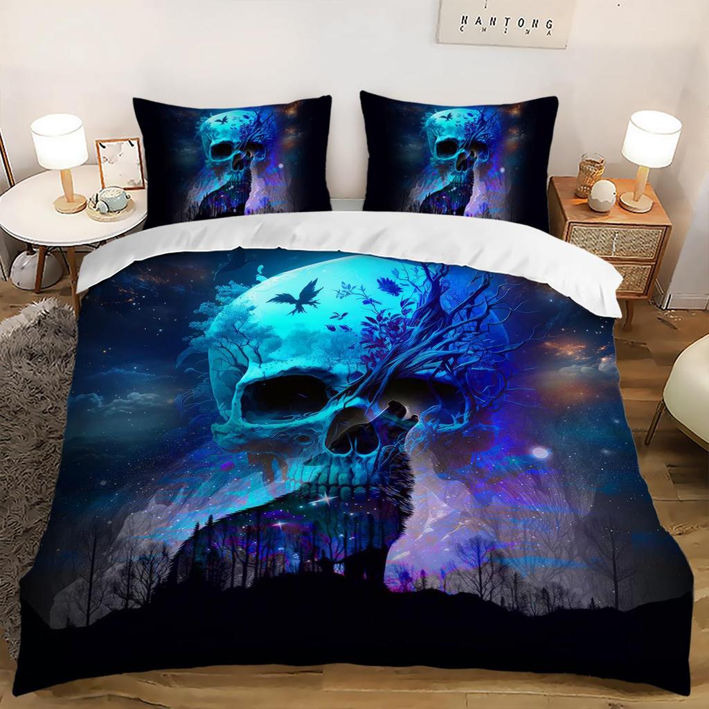 Sugar Skull Duvet Cover King, 3D Skull Bedding Set for Boys Girls, Bones Skeleton Blue Roses Comforter Cover with Pillowcases