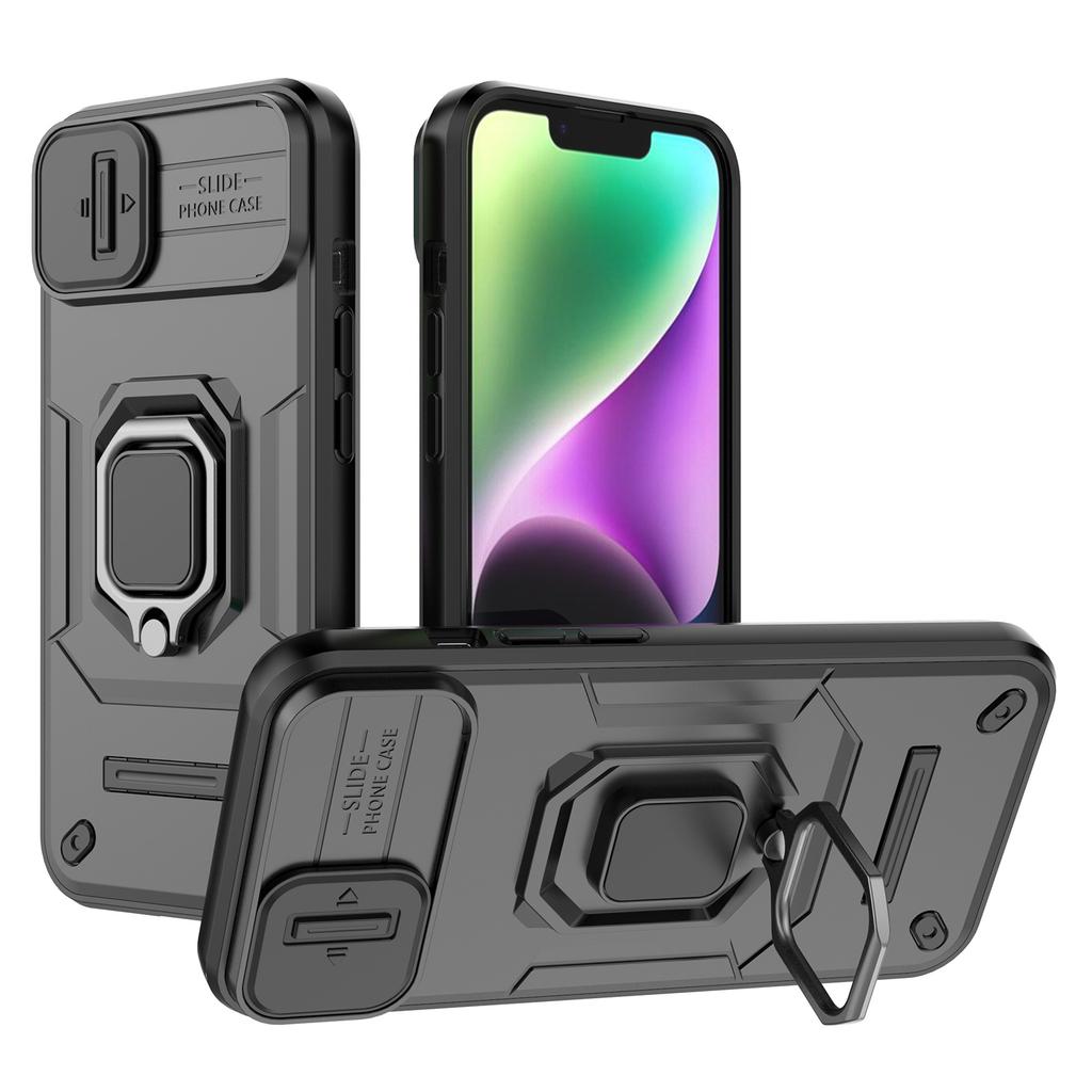 For iPhone 15 PC+TPU Impact-Resistant Phone Case Slide Lens Protection Kickstand Cover