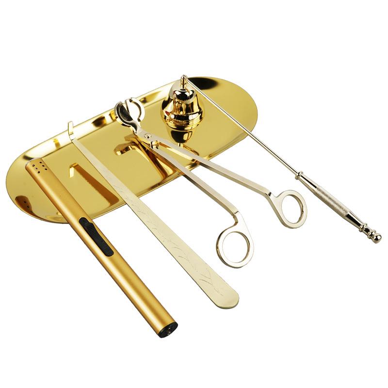 Aroma Candle Tool Kit: Wick Trimmer, Snuffer, Extinguishing Hook, and Tray.