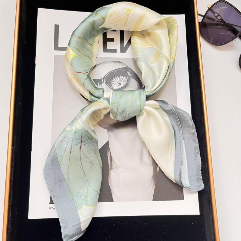 70cm Fresh Lotus Silk Scarf Women's Imitation Silk Fresh and Elegant Printed Scarf Thin Spring Summer and Autumn Shawl Headscarf