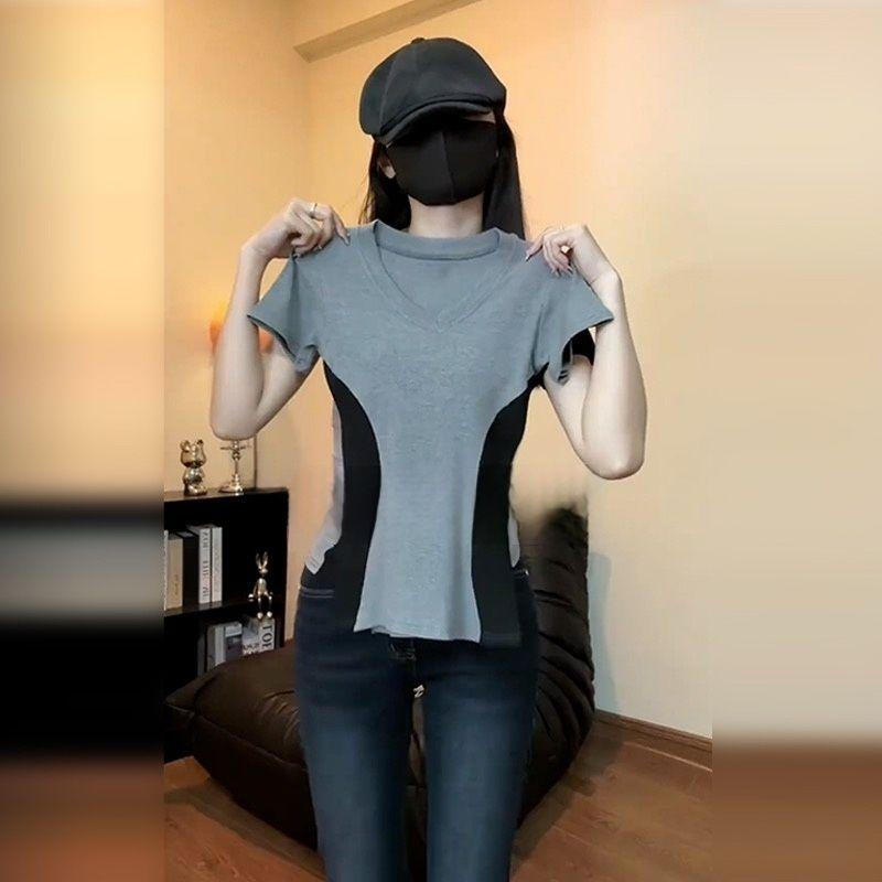 Fashion Women's T Shirt Skinny Slim Basic Patchwork Summer Sexy Short Sleeve V Neck T Shirt Casual Tee Women