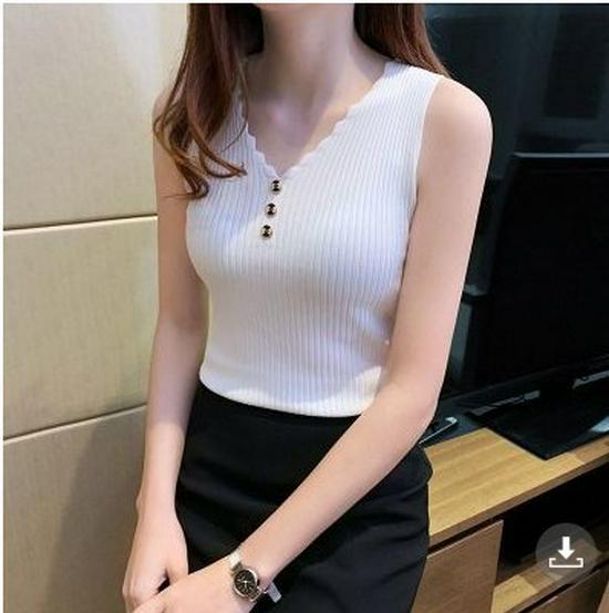 

Женская майка без рукавов с V-образным вырезом из ледяного шелка в корейском стиле - Летний топ приталенного силуэта One Size белый