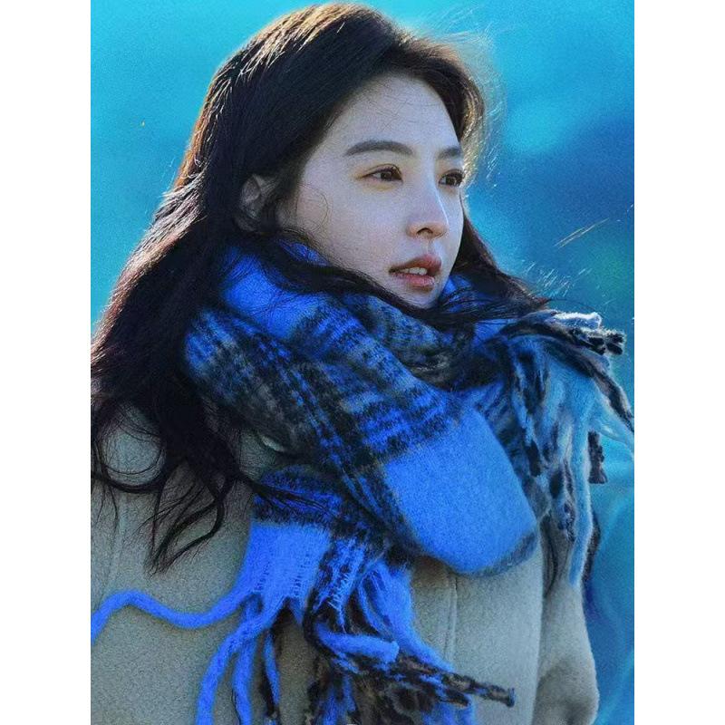 Atmospheric Blue Plaid Scarf for Women In Autumn and Winter Retro Mohair Warm and Thickened Long Tassel Shawl Scarf