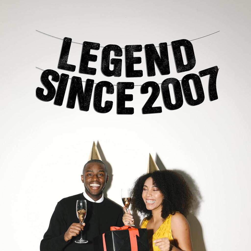 Pre-Strung Legend Since 2007 - Black Glitter Banner, 18th Birthday Decorations for Boys & Girls, Funny 18th Decor Bday Sign Gifts