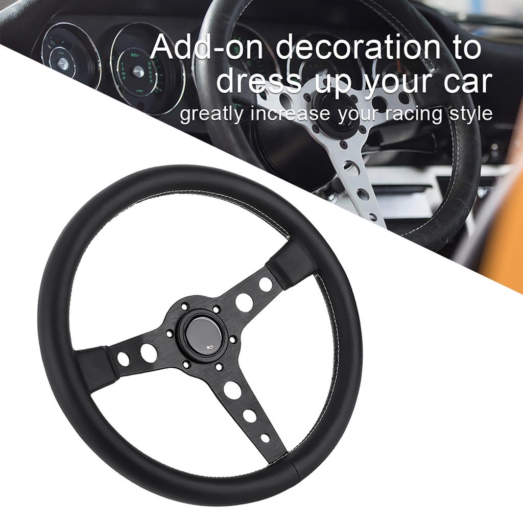 350mm/14in for MOMO Prototipo Style 6‑Bolt Black Leather Racing Steering Wheel Gray Stitching with Horn Button