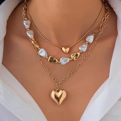 DIEZI Collier Ras du Cou Multicouche Baroque Perle d'Imitation Pour Femmes Cadeau de Fête Mode Gland Cœur Pendentif Collier Bijoux