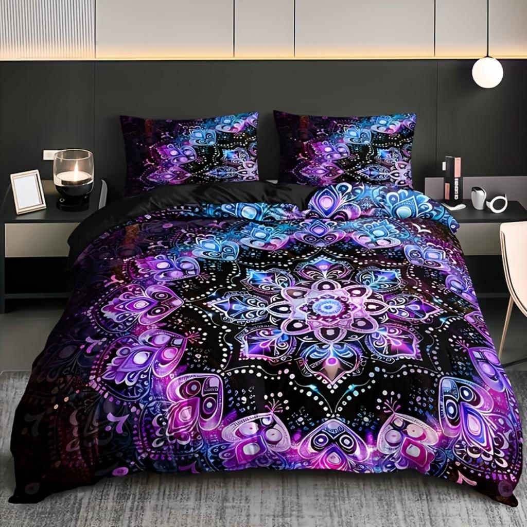 3pcs Purple Bohemian Circle 3D Printed Bedding Set Cozy Soft Duvet Cover King Queen Twin Size Birthday Gift Bedroom Decoration