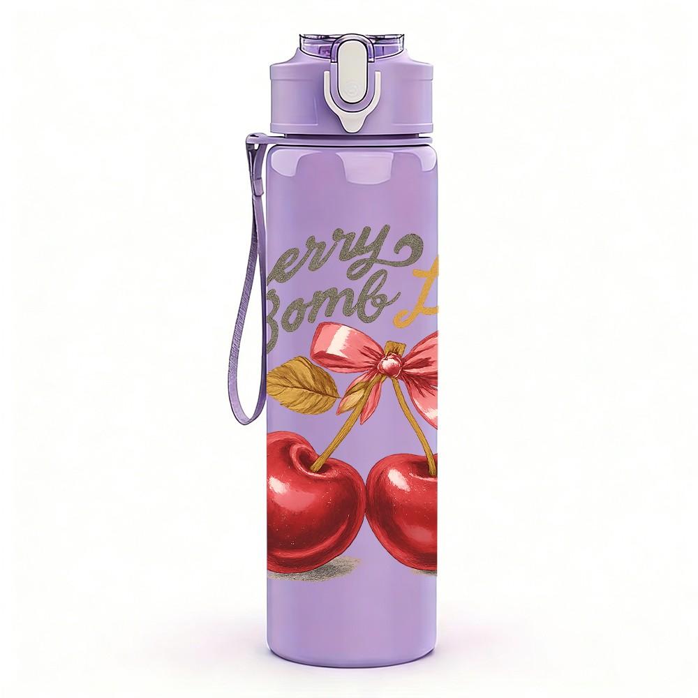 1PC Cherry Fruit Quote 750ml Color Plastic Sports Water Bottle Leakproof Flip Straw Lid Suitable for Sports Office Home Use