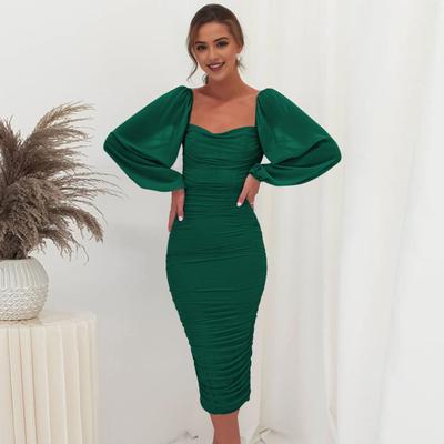 Women Evening Dress Square Neck Mesh Lantern Sleeve Pleated Bodycon Pure Color Elastic Mid-calf Length Midi Dress for Prom Formal Party