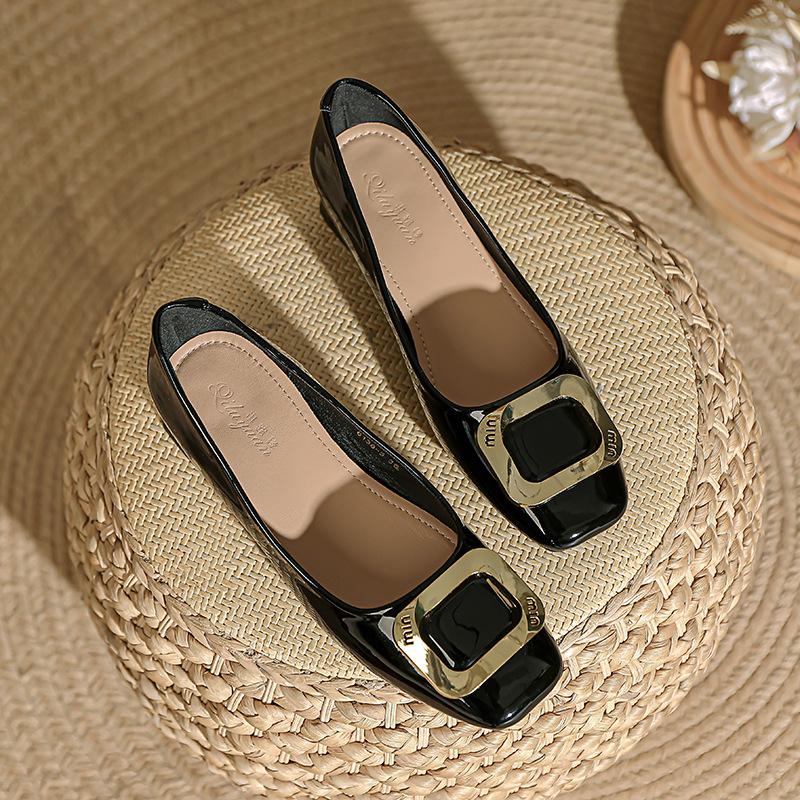 Customized~ Low-heeled Single Shoes Femininity 2025 Spring and Autumn New Patent Leather Square-headed Grandma Shoes Red Thick-heeled High Heels