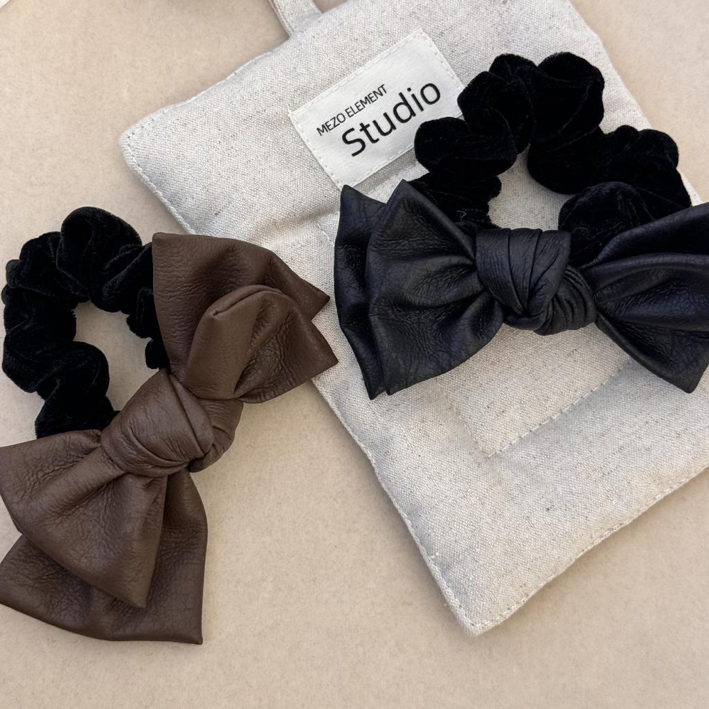 Double-layer Bow Hair Tie, High-end Style, Large Intestine Hair Band, Leather Cover, Leather Band, Women's Bun Hair Accessory