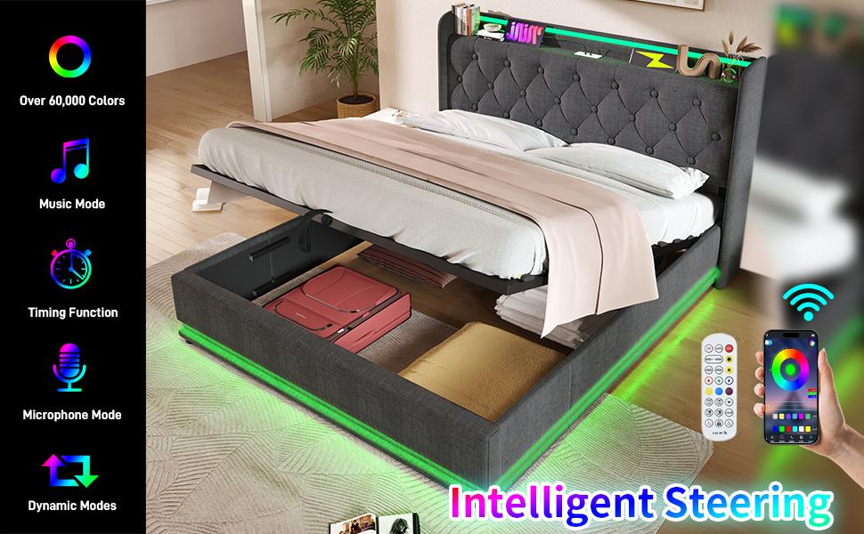 (=AB20315455G)Čalouněná postel 180x200 cm, Šedá, Funkce LED s dálkovým ovládáním/aplikací, Hydraulický úložný prostor, Čelo postele s USB Type-C (Bez matrace)