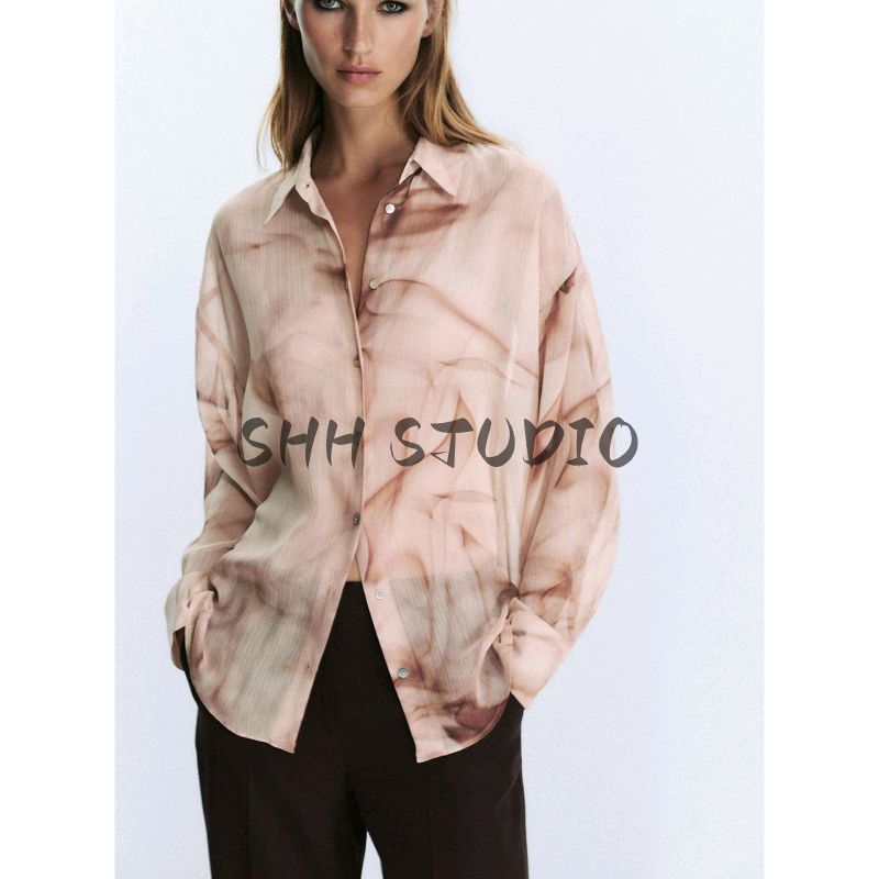 Fall New Women's Clothing French Flip Collar Lightweight Long Sleeves Tie-Dye Print Bunchy Yarn Shirt 8557122