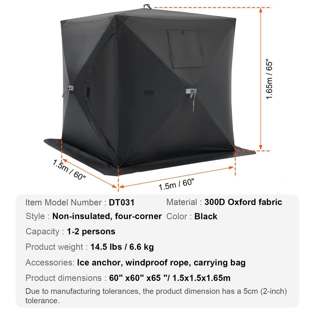 Portable Ice Shelter, 1-2 Person Pop-Up Ice Fishing Tent, 24 Square Feet Fishable Area, Ice Shanty for Winter Fishing, Waterproof Oxford Ice Cube with