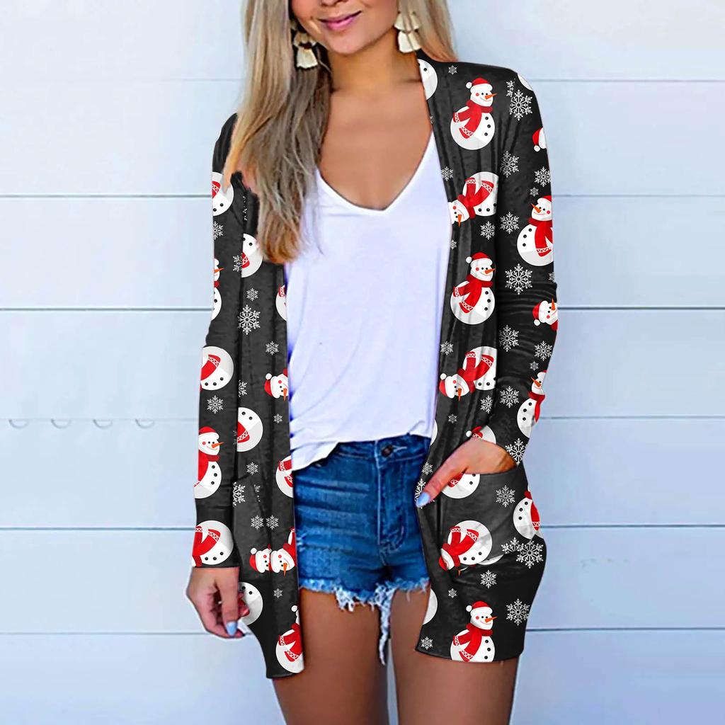 Kvinners jul med lange armer foran cardigan trykt topp lett jakke