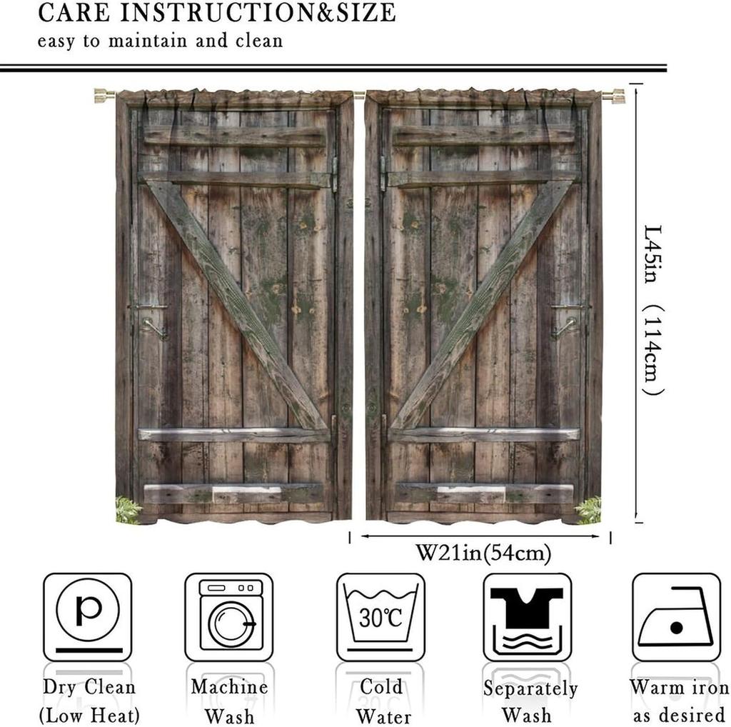 Light Blocking Rustic Barn Door Curtains Retro Wood Textured Prints Window Treatments Drapes Curtain Farmhouse Polyester With Rod Pocket Washable