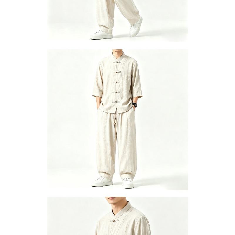 Men Chinese Style Retro Stand Collar Shirt And Pants Casual Two Piece Set