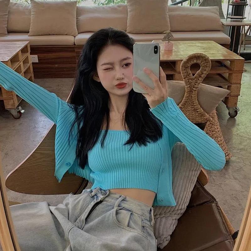 Set două piese în stil coreean pentru femei, toamnă, culoare caramelă, cu mânecă lungă, tricotat cu nervuri, pulover decupat și vestă asortată