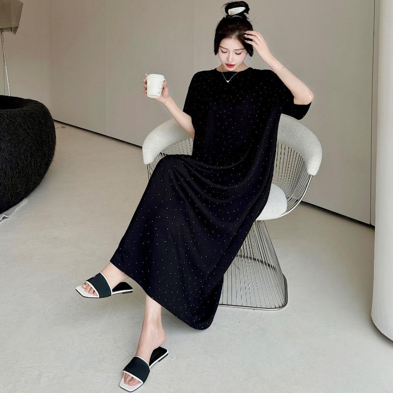 

Dimanaf 2024 Новое платье больших размеров, летнее повседневное женское свободное платье с коротким рукавом, однотонное черное длинное платье-футболка XL чёрный