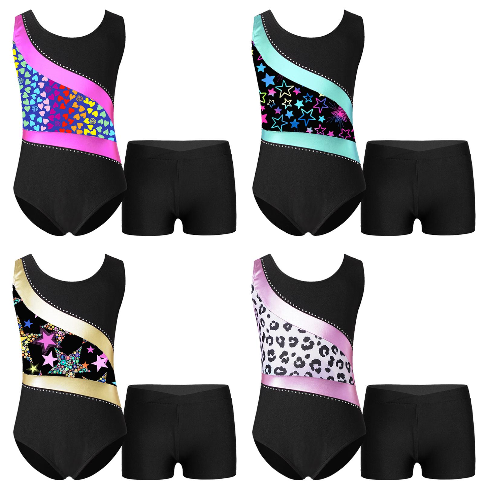 

Гімнастичні купальники для дівчаток без рукавів, принтовані стрази, спортивні танцювальні купальники з шортами, комплекти спортивного одягу 11-12 Years рожевий