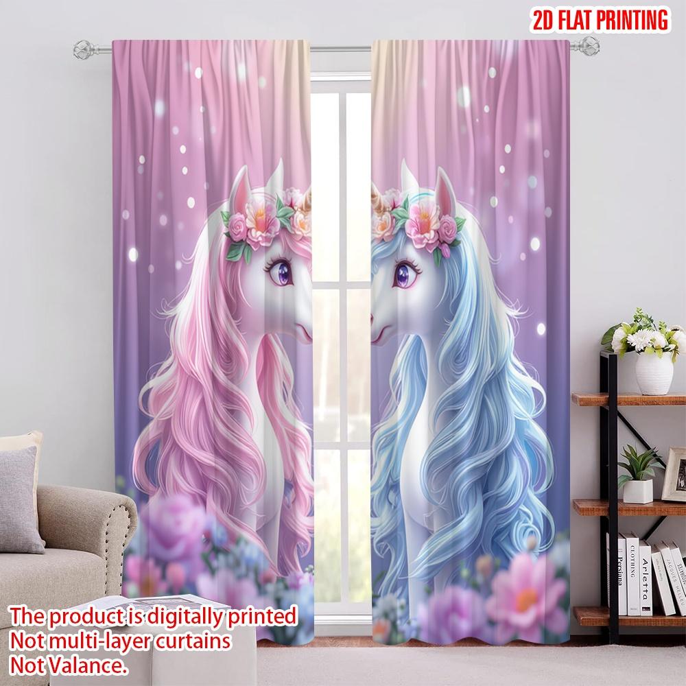 

2D flat printing 2pcs Window Curtains Rainbow Floral Unicorn Versatile Durable Polyester Without Electricity Festive Wall Decor 52.50 × 116.00 cm 2 pcs