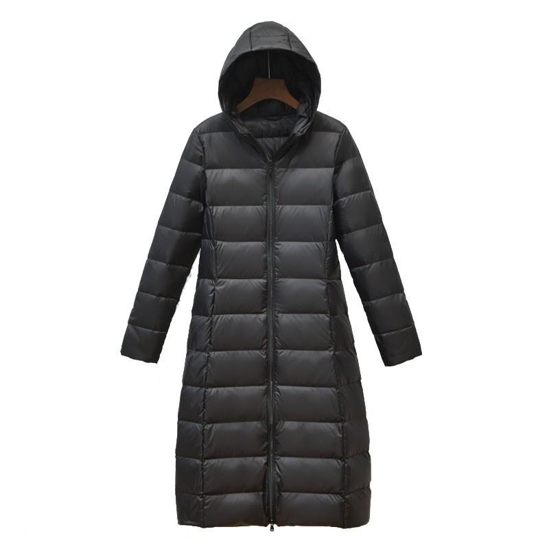 Womens Lightweight Long Down Coat With Hood Slim Fit Knee-Length Duck Jacket Winter