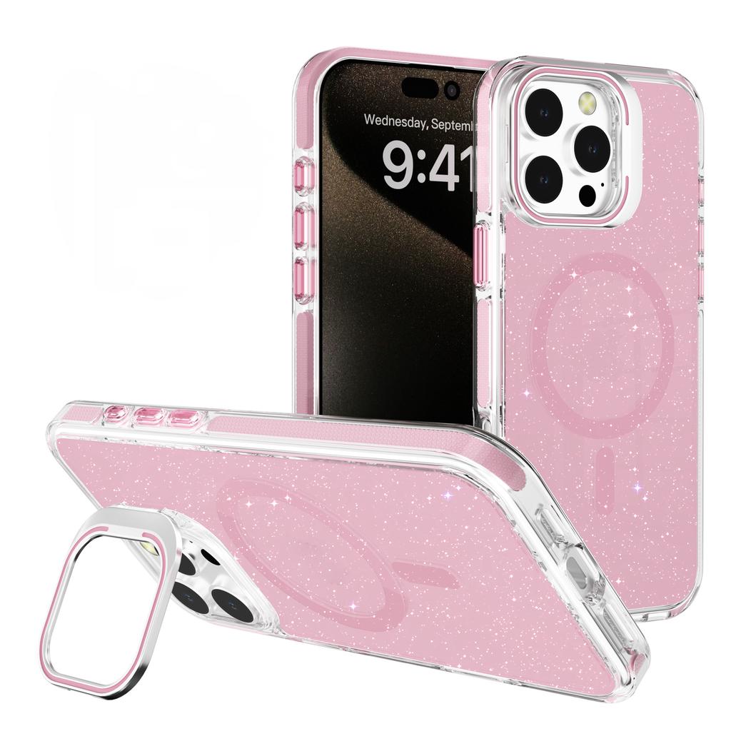 For iPhone 16 Pro Case Compatible with MagSafe Lens Kicktand Glitter PC Phone Cover