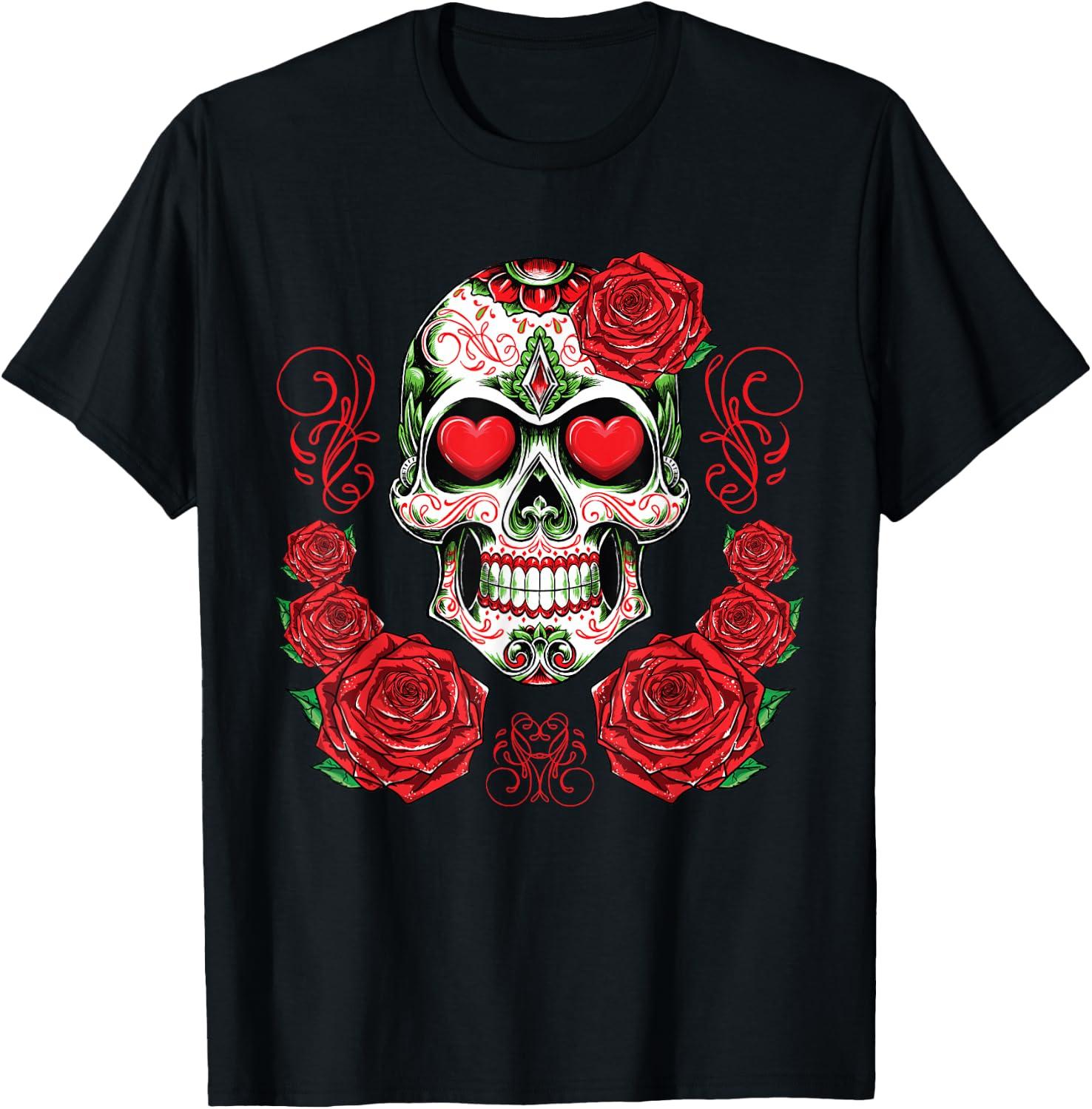 Sugar Skull Women Girls Men Roses Day Of The Dead T-Shirt XL