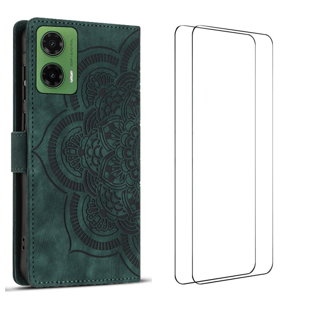 For Motorola Moto G35 5G Case with 2Pcs Tempered Glass WANLONFENG MTL Series Mandala Leather Phone Cover