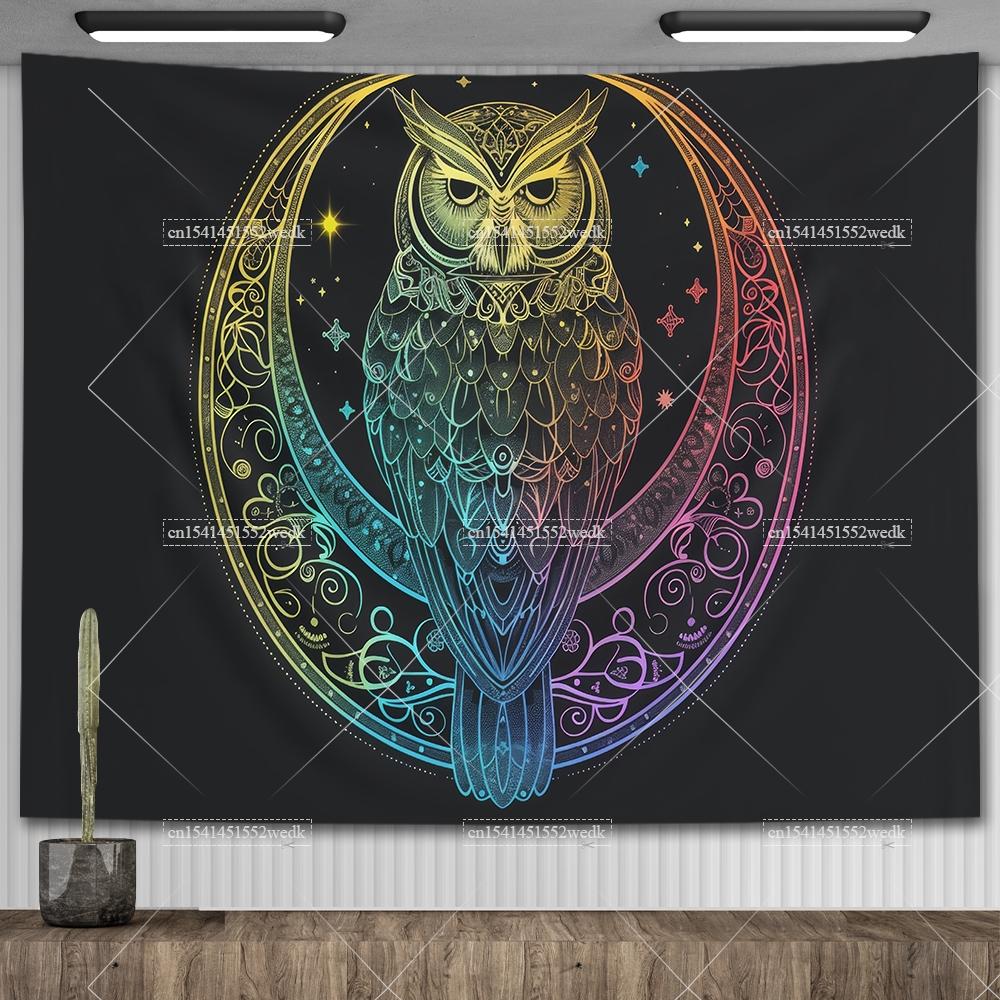 Lunar Sentinel Owl Tapestry Celestial Medieval Tapestrys Aesthetic Room Decor Witchy Occult Altar Cloth Tarot Background Cloths