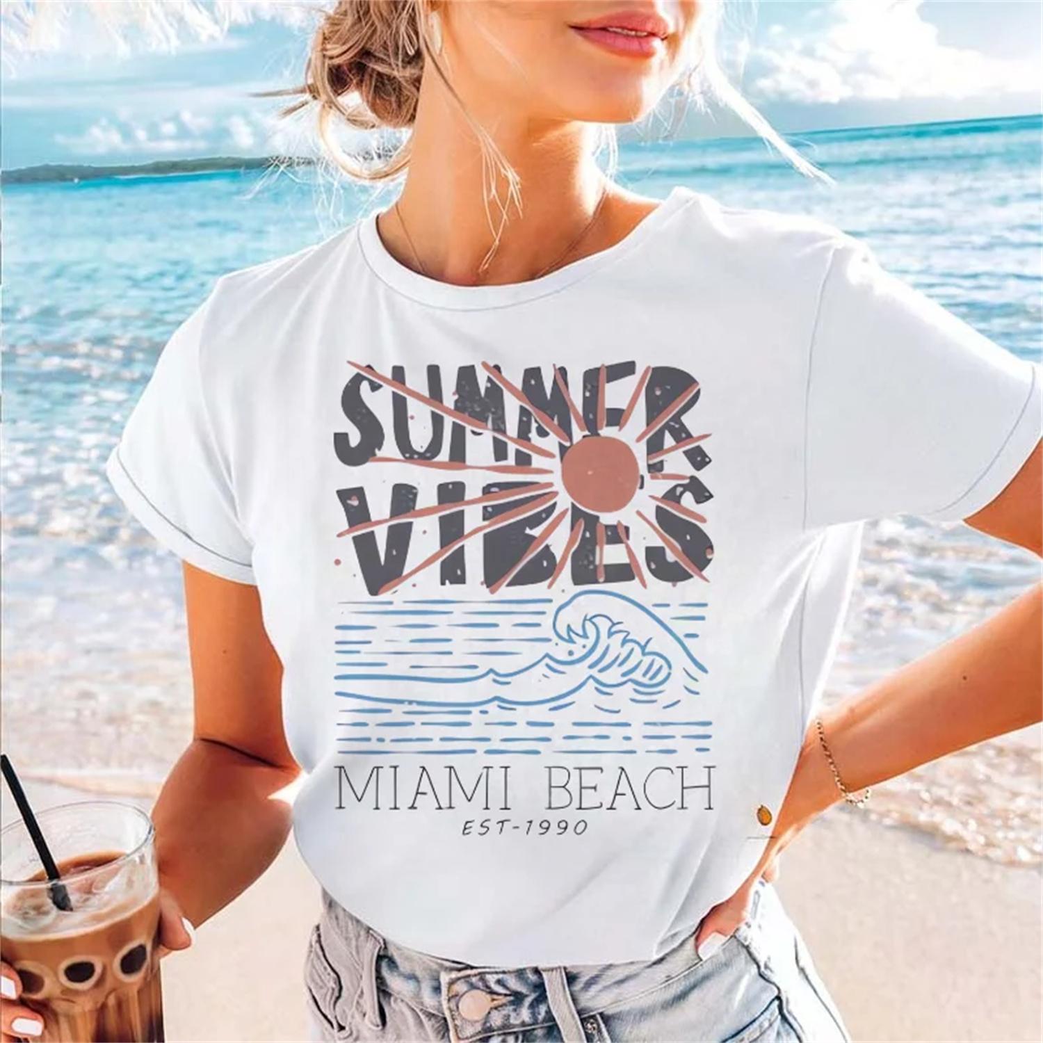 Street Trend T-Shirt Fashion Basic Women s Seaside Pattern Short Sleeve Cute 90s Women s Clothing Travel T-Shirt Printed T-Shirt S