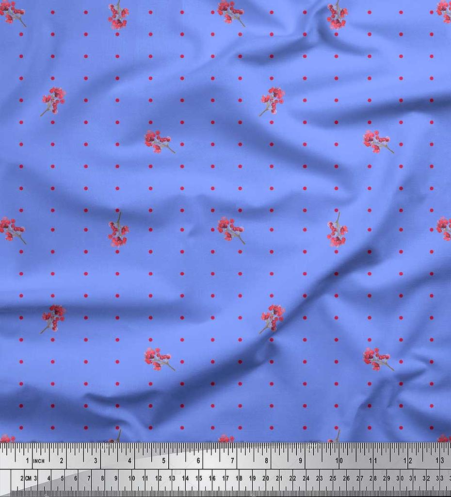 Soimoi Blue Japan Crepe Satin Fabric Berries & Dots Fabric Prints By metre 42 Inch