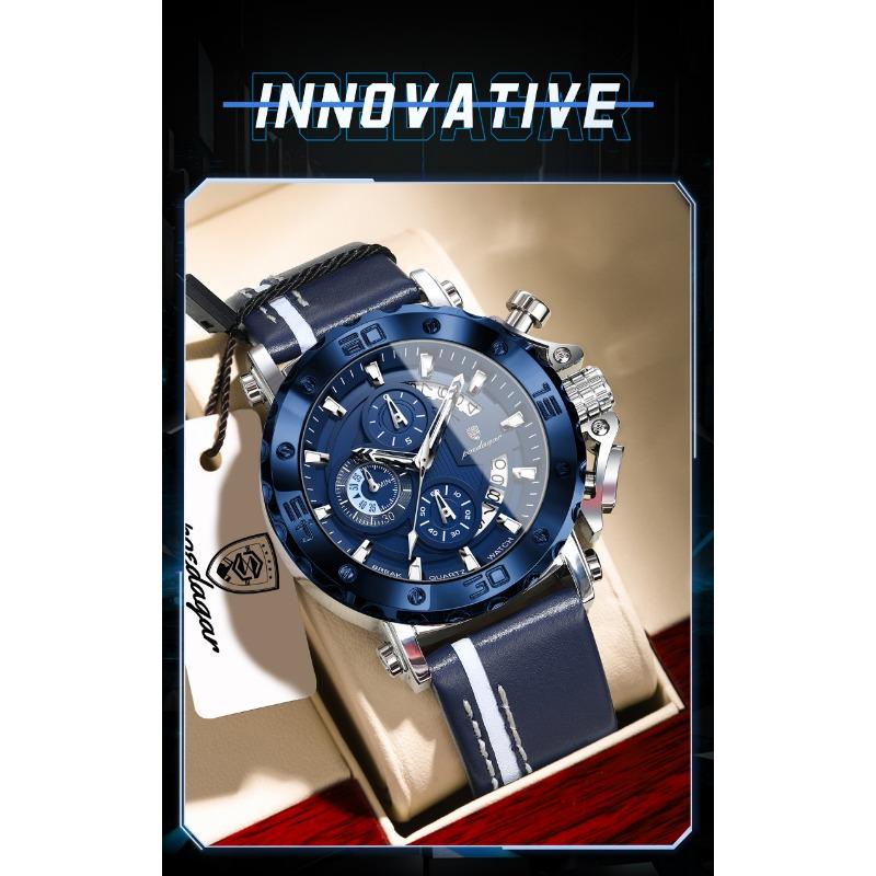 POEDAGAR Sportuhren für Herren Wasserdicht Leuchtend Datum Uhr Chronograph Leder Quarz Funktionell Armbanduhr Reloj