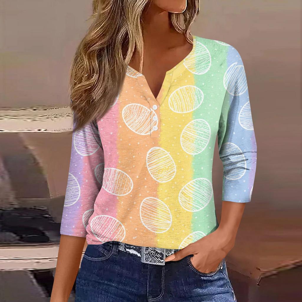 Women's Fashion Casual Easter Printed V-neck Short Sleeve Decorative Button Seven Sleeve T-shirt Top