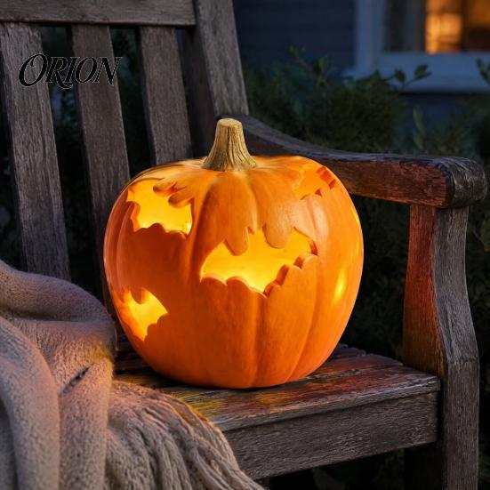 Autumn Festival Decor Halloween Pumpkin Resin Figurine, Bat Hollow Out Lantern with Indoor Outdoor Holiday Props Warm Light, Spooky Home Table
