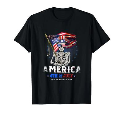 USA Totenkopf Flagge Amerika 4. Juli Unabhängigkeitstag T-Shirt 100% Baumwolle
