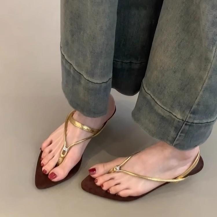 Soft leather version~ Simple two-wear retro wedge heel Roman shoes, women's pointed toes with thin belt temperament, open-toed toe sandals